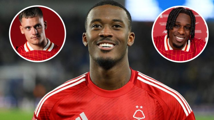 Main: Callum Hudson-Odoi lining up for Nottingham Forest in a Premier League fixture against Chelsea. Inset: Florian Wirtz looks on as he is announ...