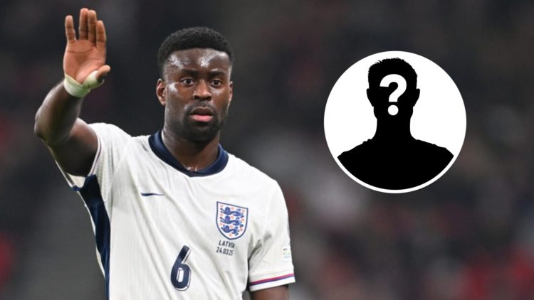 Marc Guehi of England playing during the World Cup qualifier against Latvia at Wembley Stadium. Mystery player silhouette with question mark.