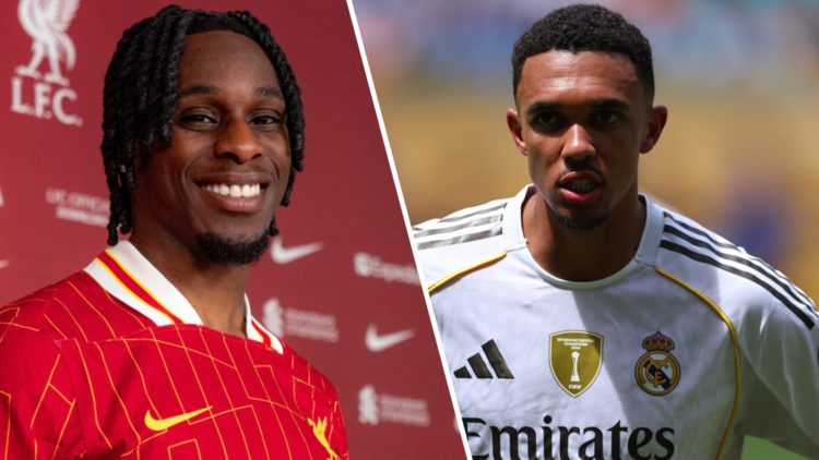 Jeremie Frimpong new signing of Liverpool at AXA Training Centre. Trent Alexander-Arnold of Real Madrid during the FIFA Club World Cup 2025 group H...