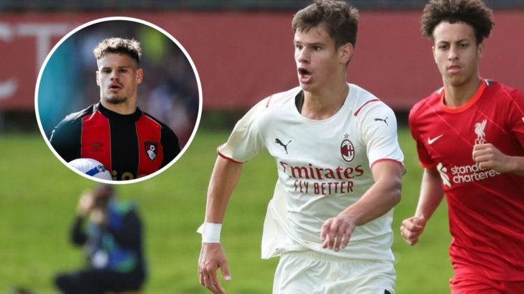 AC Milan's Milos Kerkez runs with the ball during the UEFA Youth League match against Liverpool. Milos Kerkez holds the ball during Bournemouth's m...