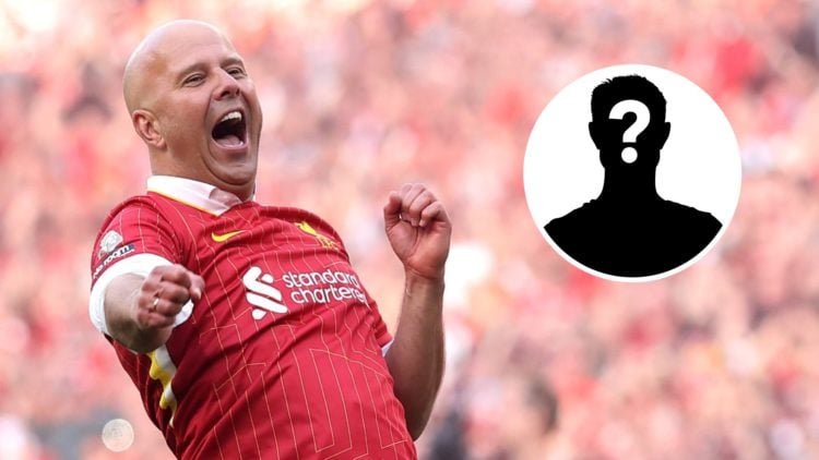 Main: Arne Slot pictured cheering after Liverpool were confirmed as Premier League champions. Insert: Mystery player.