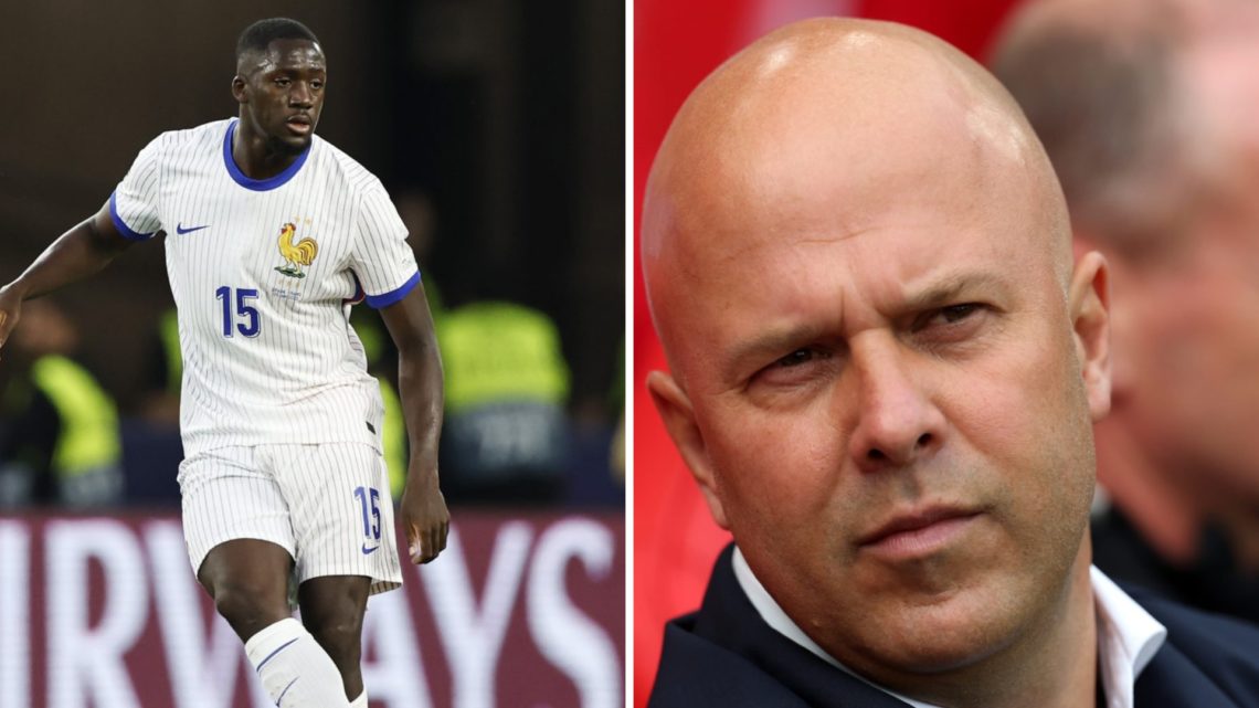 Left: Ibrahima Konate pictured in action for France. Right: Arne Slot pictured on the Liverpool touchline.