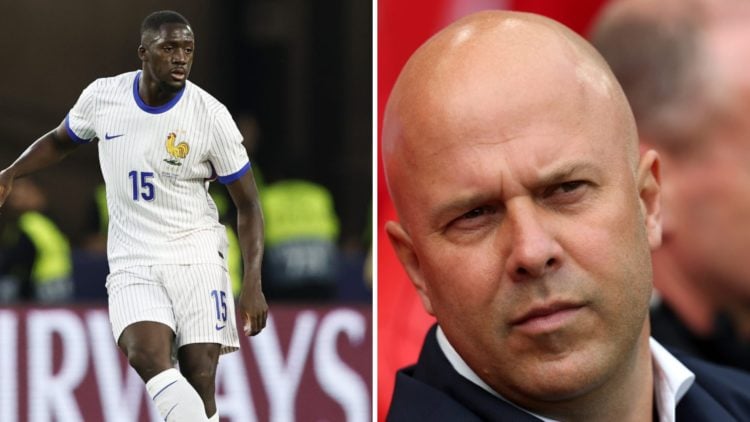 Left: Ibrahima Konate pictured in action for France. Right: Arne Slot pictured on the Liverpool touchline.