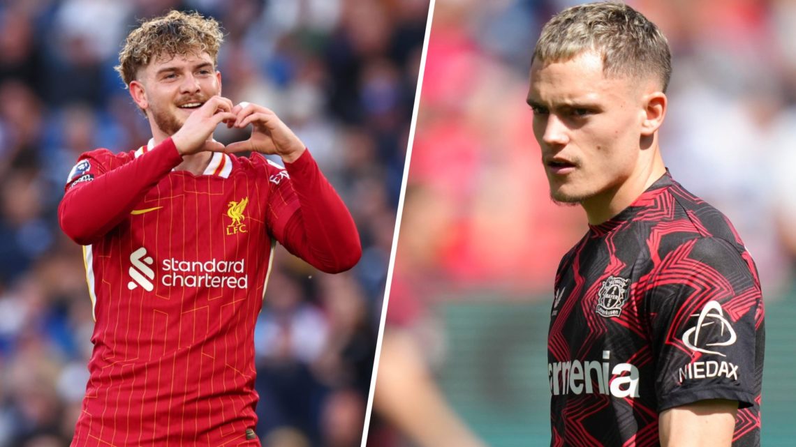 Left: Harvey Elliott making a heart with his fingers after scoring for Liverpool. Right: Florian Wirtz caught in action for Bayer Leverkusen.