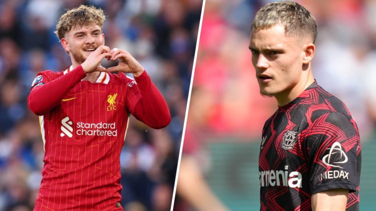 Left: Harvey Elliott making a heart with his fingers after scoring for Liverpool. Right: Florian Wirtz caught in action for Bayer Leverkusen.