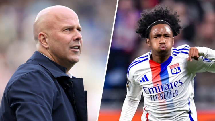 Left: Arne Slot on the Liverpool touchline. Right: Malick Fofana in action for Olympique Lyon.