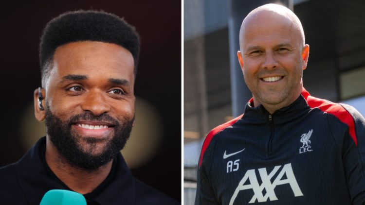 Left: Darren Bent pictured during his presenting duties. Right: Arne Slot pictured leading a Liverpool training session.
