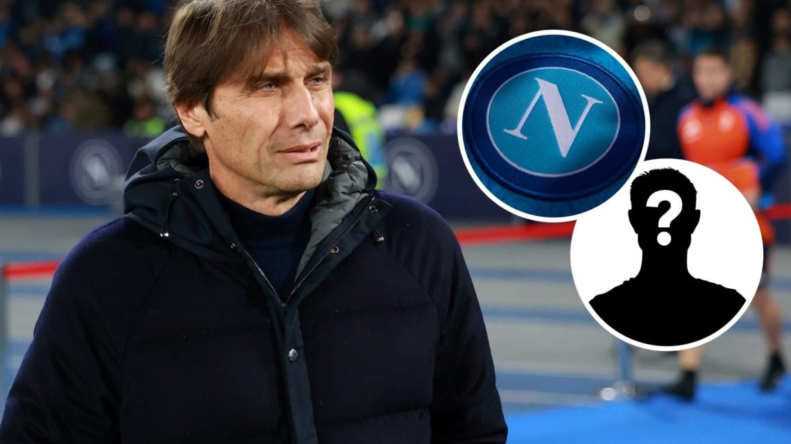 Main: Antonio Conte Napoli head coach before the Serie A match between Napoli and Juventus at Stadio Diego Armando Maradona. Inset: The Napoli Badge
