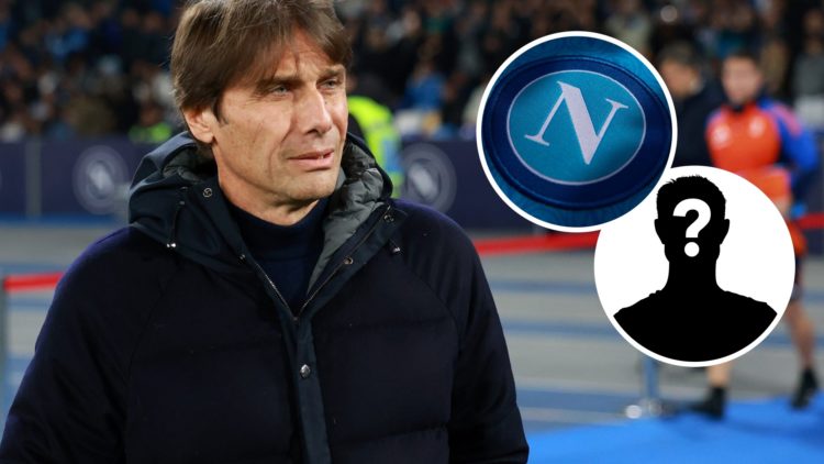 Main: Antonio Conte Napoli head coach before the Serie A match between Napoli and Juventus at Stadio Diego Armando Maradona. Inset: The Napoli Badge