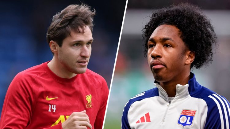 Federico Chiesa warming up for Liverpool before Premier League game against Chelsea. Malick Fofana of Lyon getting into the field prior to the Ligu...