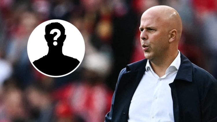 Main: Arne Slot on the Liverpool touchline during a Premier League game. Insert: Mystery player