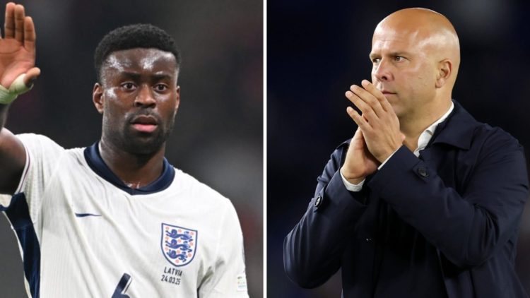 Left: Marc Guehi pictured playing for England. Right: Arne Slot pictured on the Liverpool touchline.