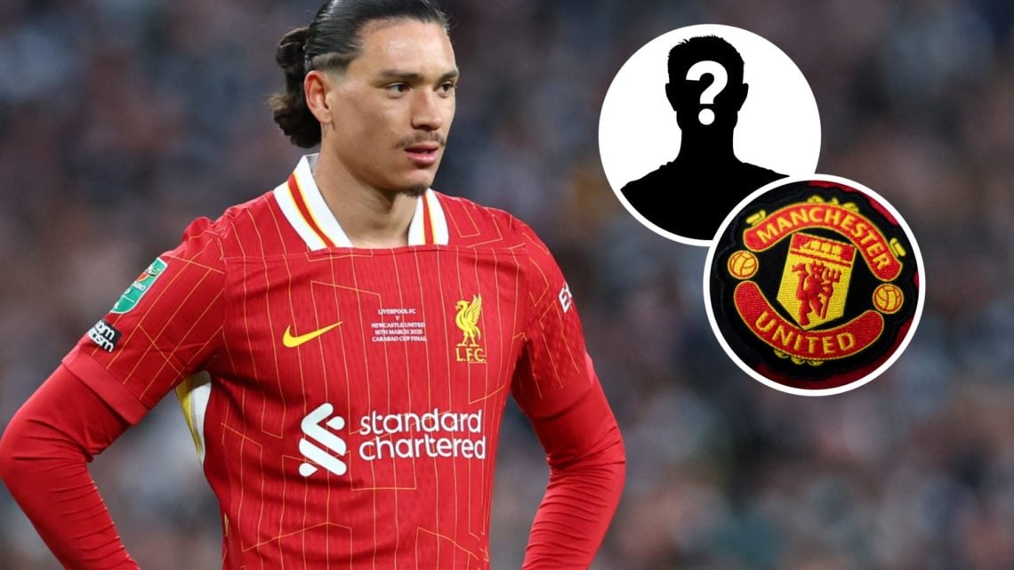 Darwin Nunez of Liverpool looks on during the Carabao Cup Final between Liverpool and Newcastle United at Wembley Stadium. Man United badge