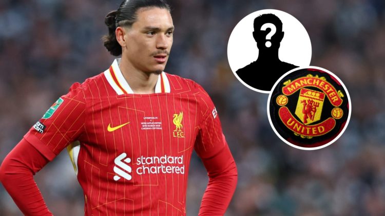 Darwin Nunez of Liverpool looks on during the Carabao Cup Final between Liverpool and Newcastle United at Wembley Stadium. Man United badge