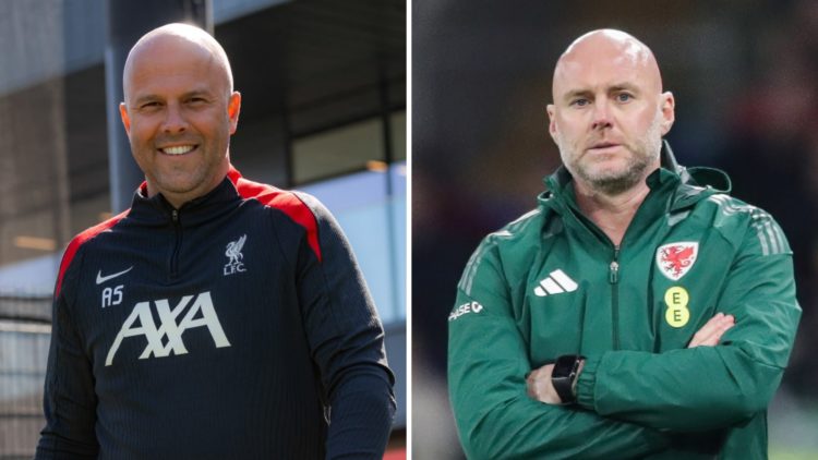Liverpool head coach Arne Slot smiles as he walks out for a training session at the AXA Training Centre. Wales manager Rob Page watches on during t...