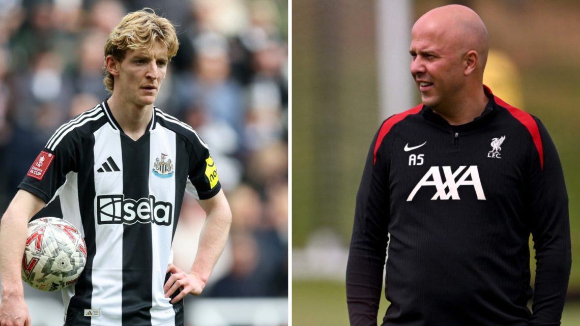 Left: Anthony Gordon pictured with his hand on his hip during a Newcastle game. Right: Arne Slot pictured leading a Liverpool training session.