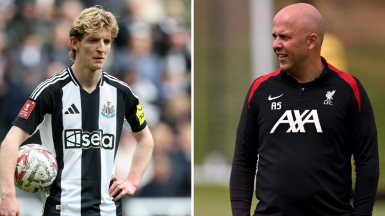 Left: Anthony Gordon pictured with his hand on his hip during a Newcastle game. Right: Arne Slot pictured leading a Liverpool training session.