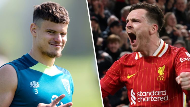 Left: Milos Kerkez pictured during a Bournemouth training session. Right: Andy Robertson picture celebrating during a Liverpool game.
