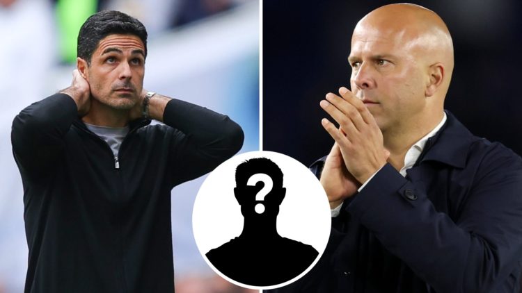 Left: Mikel Arteta with his hands behind his head looking dejected. Right: Arne Slot clapping his Liverpool team from the touchline. Insert: Myster...