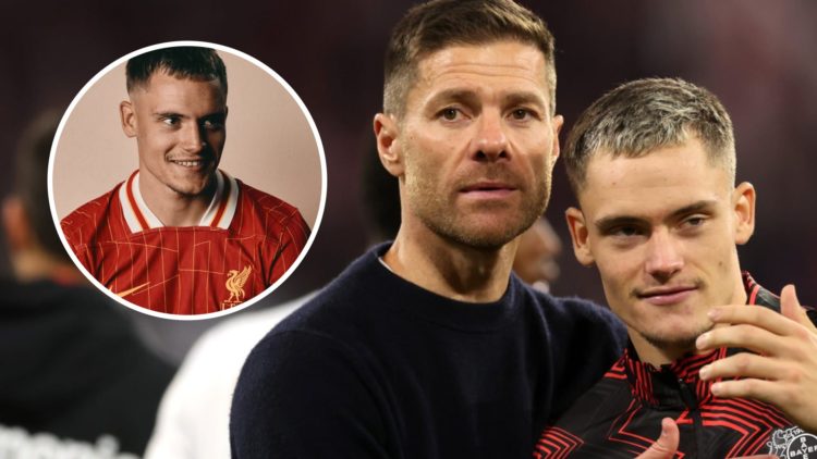 Bayer Leverkusen head coach Xabi Alonso embraces Florian Wirtz after the Bundesliga match with Bayern Munich. Florian Wirtz smiles as he's unveiled...