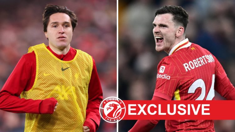 Federico Chiesa warms up during Liverpool's Carabao Cup semi-final second-leg against Tottenham Hotspur at Anfield. Andy Robertson shouts at a team...