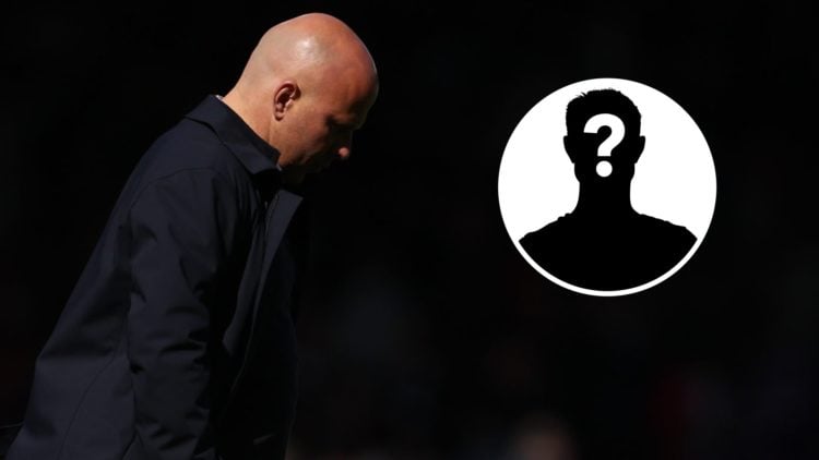 Main: Arne Slot looking sad during the Premier League game between Fulham and Liverpool. Insert: Mystery player
