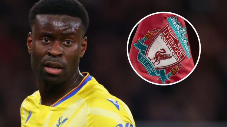 Marc Guehi in action for Crystal Palace during their Premier League match against Arsenal at the Emirates Stadium. Liverpool corner flag flutters i...