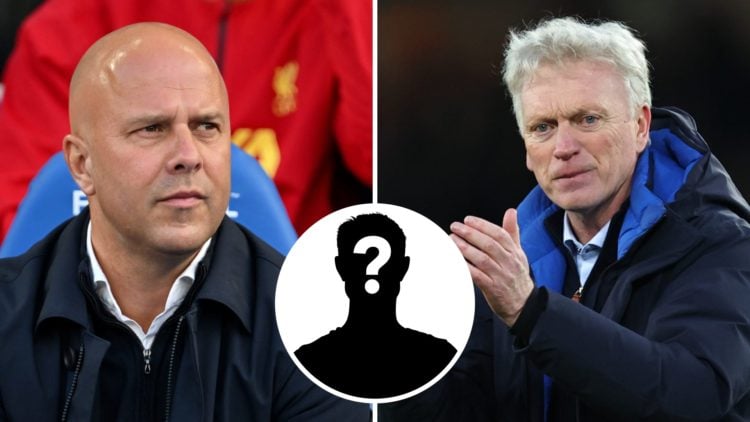 Left: Arne Slot looking concentrated on the Liverpool bench. Right: David Moyes clapping the Everton fans.