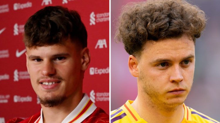 Milos Kerkez smiles as he is unveiled as a new Liverpool player. Maxim De Cuyper of Belgium looks on before a FIFA World Cup qualifier against Wales.