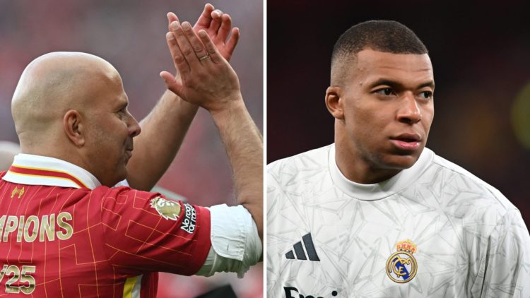 Left: Arne Slot clapping the Liverpool fans after their Premier League title win. Right: Kylian Mbappe pictured in action for Real Madrid.