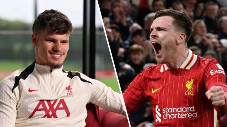 Milos Kerkez smiles as he sits down for his first interview as a Liverpool player at the AXA Training Centre. Liverpool left-back. Andy Roberson ce...