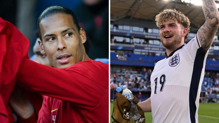 Left: Virgil van Dijk pictured on the Liverpool bench. Right: Harvey Elliott pictured celebrating after scoring for England Under-21s.