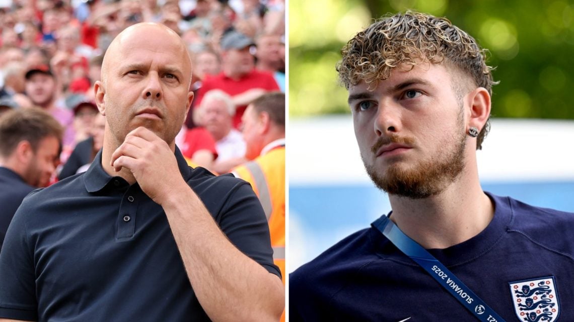 Left: Arne Slot looking confused on the Liverpool sideline Right: Harvey Elliott pictured warming up for England.