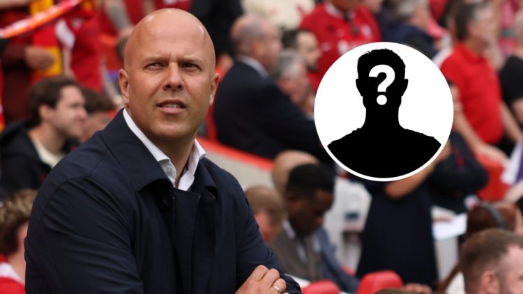 Main: Arne Slot on the Liverpool touchline looking concentrated. Insert: Mystery player.