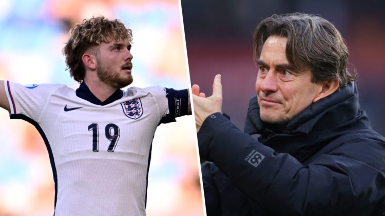 Left: Harvey Elliott celebrating after scoring for England. Right: Thomas Frank clapping the Brentford fans after their game against Liverpool.