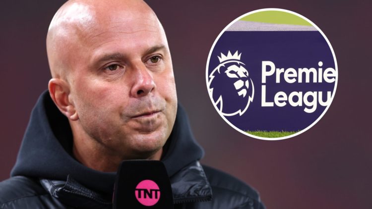 Arne Slot speaks to TNT Sports ahead of Liverpool's Premier League match against Aston Villa at Anfield. Premier League logo on display ahead of th...
