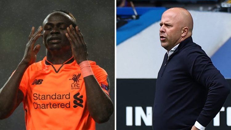 Left: Sadio Mane pictured celebrating while playing for Liverpool. Right: Arne Slot on the Liverpool touchline.
