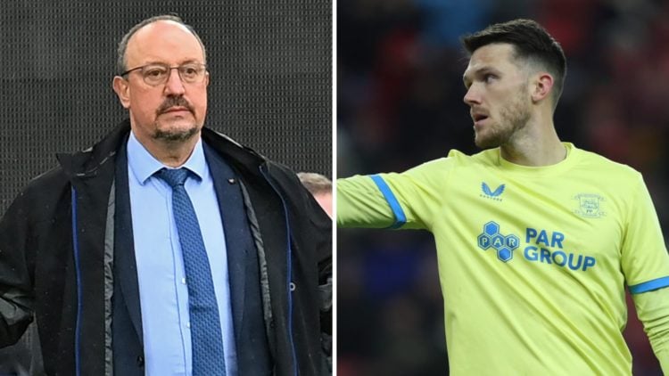 Left: Rafa Benitez on the Everton touchline. Right: Freddie Woodman in between the sticks for Preston North End.
