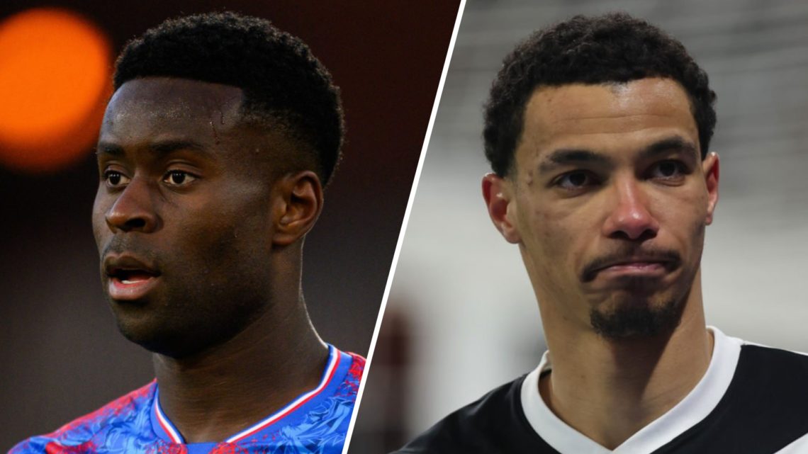 Marc Guehi playing for Crystal Palace during a Premier League match against Nottingham Forest. Eintracht Frankfurt striker Hugo Ekitike in action d...