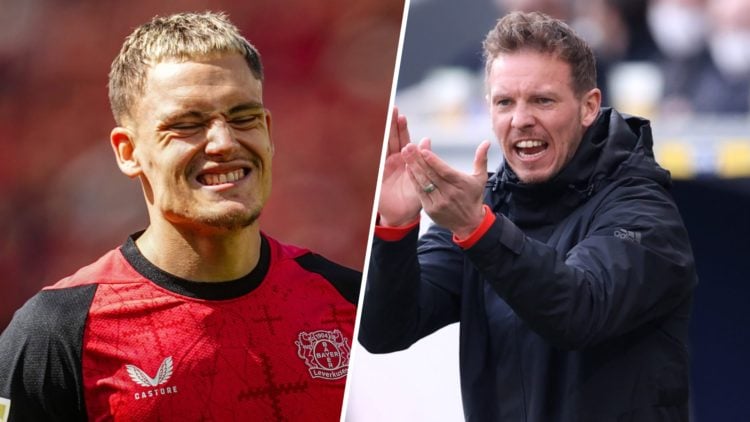 Left: Florian Wirtz caught in action for Bayer Leverkusen. Right: Julian Nagelsmann on the touchline clapping his team on.