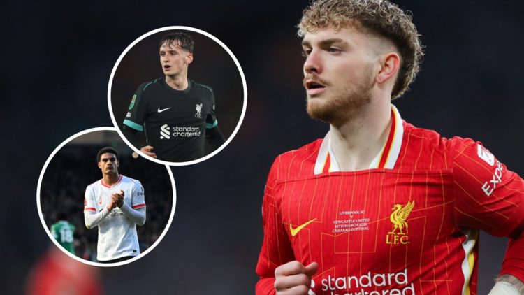 Harvey Elliott runs during the 2025 Carabao Cup final between Liverpool and Newcastle United at Wembley Stadium. Tyler Morton in action for Liverpo...