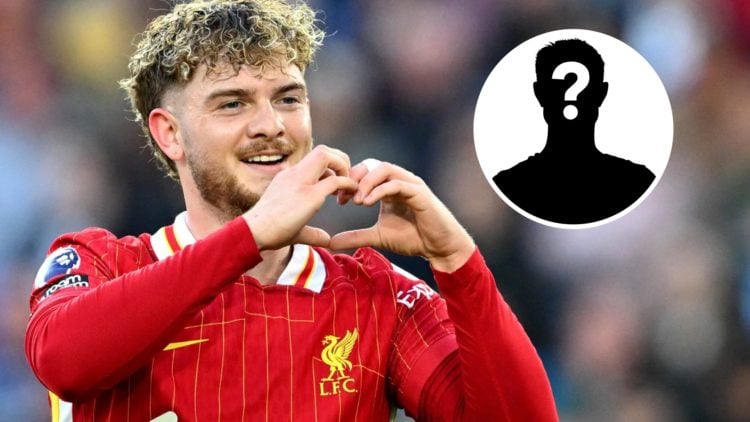 Harvey Elliott celebrates scoring for Liverpool against Brighton in the Premier League. Mystery player silhouette with question mark.