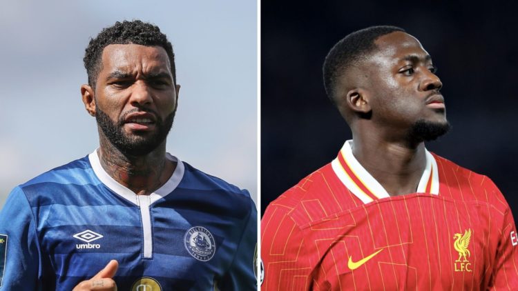 Jermaine Pennant of Billericay Town in action during the FA Cup tie against Didcot Town. Liverpool defender Ibrahima Konate looks on during the UEF...