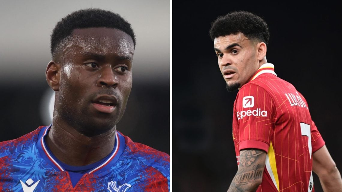 Marc Guehi playing for Crystal Palace during the FA Cup clash with Stockport County at Selhurst Park. Luis Diaz looks on during Liverpool's Merseys...