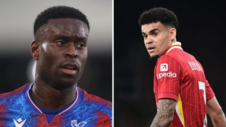 Marc Guehi playing for Crystal Palace during the FA Cup clash with Stockport County at Selhurst Park. Luis Diaz looks on during Liverpool's Merseys...