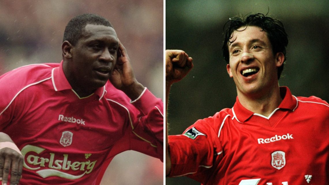 Emile Heskey celebrates after scoring for Liverpool against Tottenham Hotspur at Anfield. Robbie Fowler celebrates after scoring for Liverpool agai...