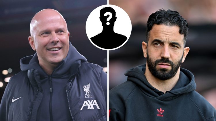 Left: Arne Slot at Anfield during Liverpool's Champions League game against PSG. Right: Ruben Amorim looks on during Manchester United's Premier Le...