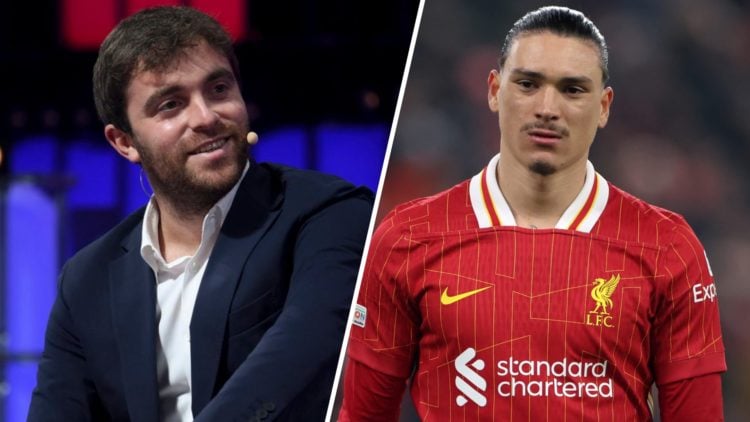 Fabrizio Romano, Football Journalist, on Centre Stage during day three of Web Summit 2021 at the Altice Arena. Darwin Nunez of Liverpool looks on d...