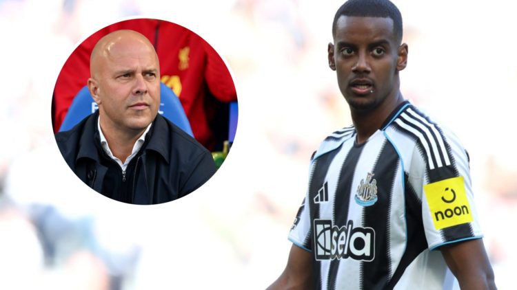 Alexander Isak in action for Newcastle United during the Premier League match against Everton at St James' Park. Arne Slot watches on from the benc...