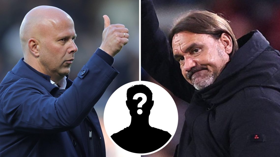 Left: Arne Slot putting his thumb up towards one of his players during a Liverpool game. Right: Daniel Farke waving at fans after Leeds United earn...
